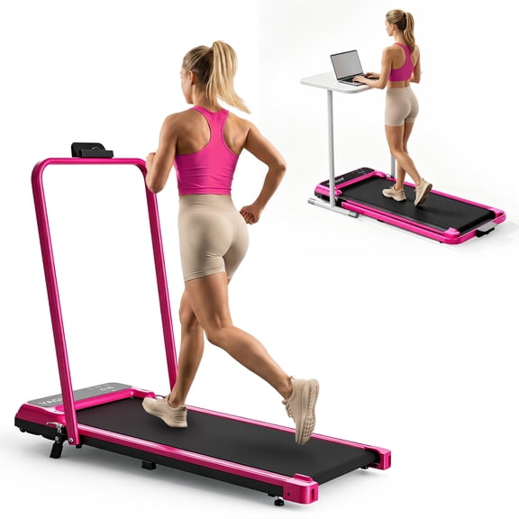Walking Pad Treadmill with Handle Bar & 6% Adjustable Incline, Foldable Portable Treadmills for Home Office, Quiet Under Desk Treadmill, Pink