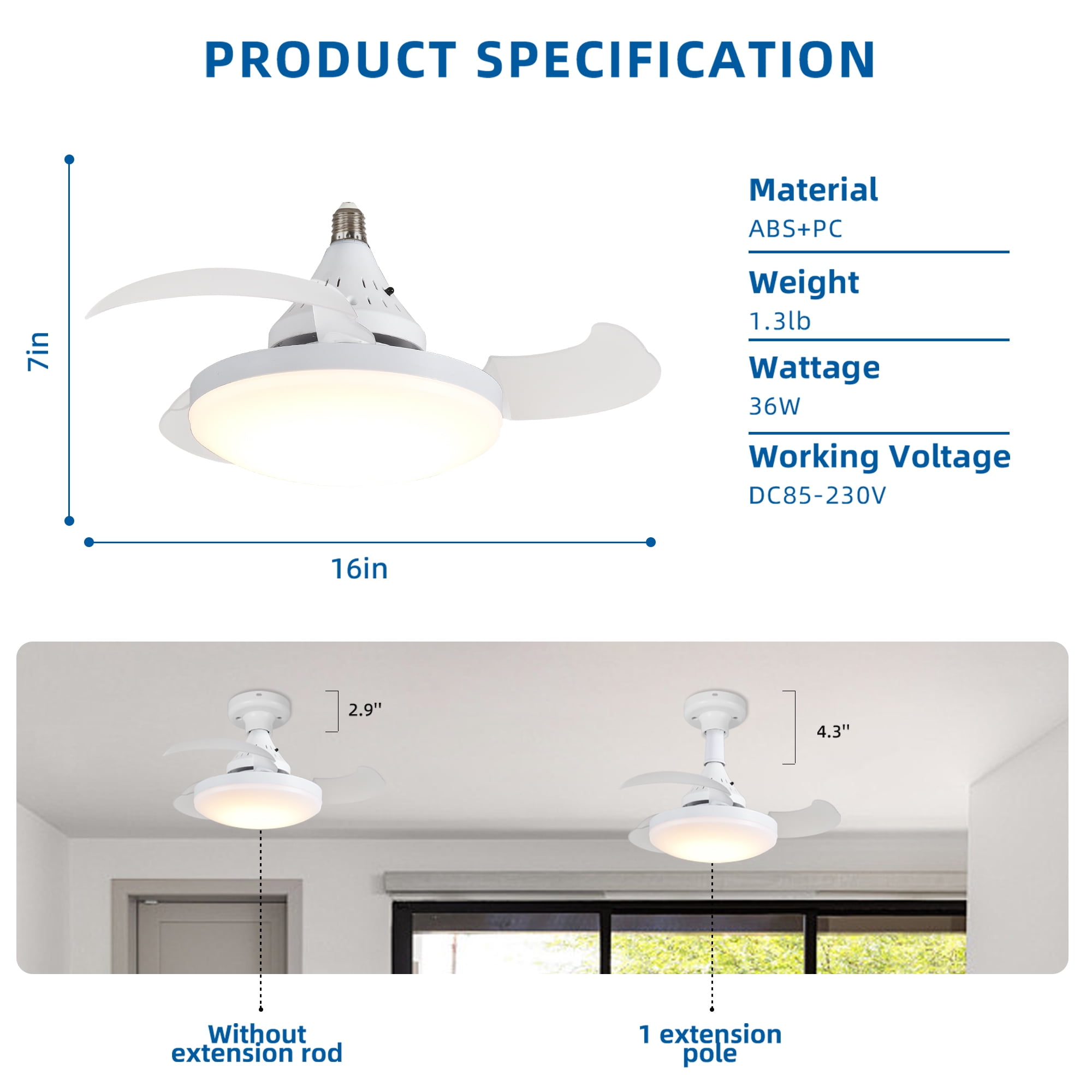 Garwarm 16 in Retractable Ceiling Fan with Lights and Remote, Low Profile Socket Fan Light, Dimmable 3000K-6500K Flush Mount Ceiling Fan with Timer, Low Noise for Bedroom Kitchen