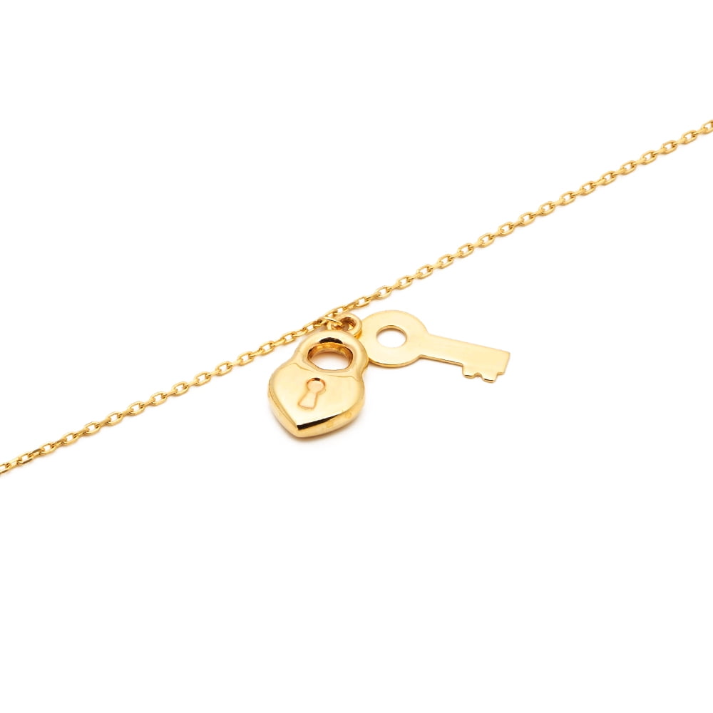 LOVEBLING 10K Yellow Gold .50mm Diamond Cut Rolo Chain with a Lock and Key pendants Anklet Adjustable 9" to 10" (#10)