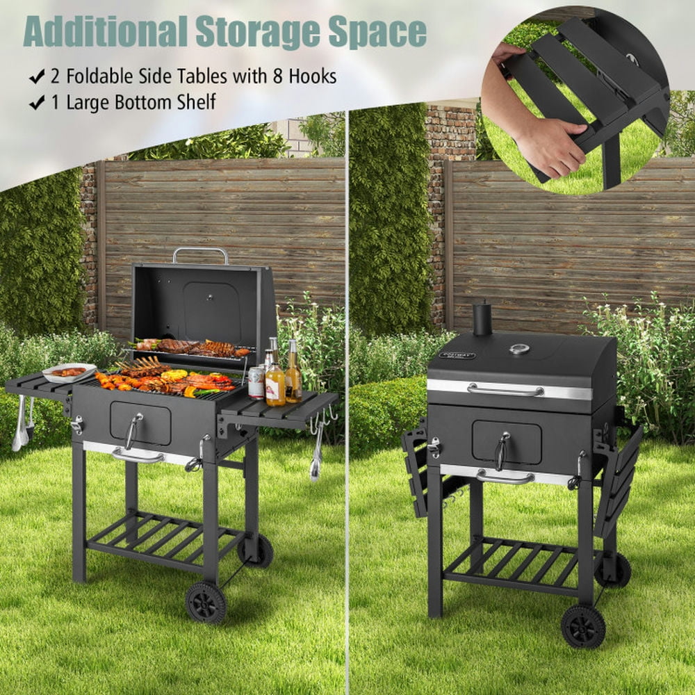 Topcobe Outdoor BBQ Charcoal Grill with 2 Foldable Side Table and Wheels, Cooking Space for Backyard, Patio and Parties