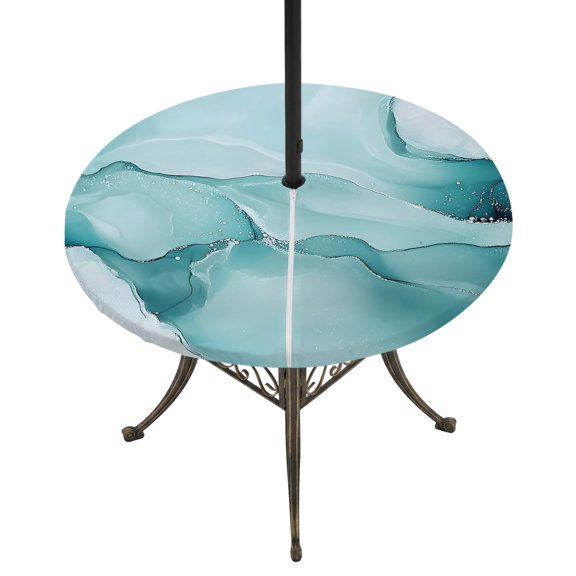 Turquoise Marble Round Outdoor Tablecloth with Umbrella Hole Zipper, Modern Abstract Art Texture Watercolor Elastic Fitted Table Cover, Waterproof Table Cloth for Patio Picnic Party Fits 31"-35"