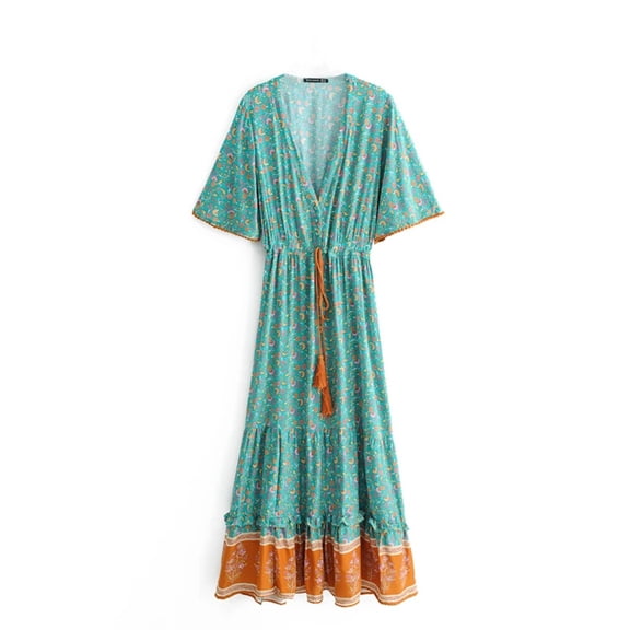 Vintage Fashion Women Flower Print V-neck Rayon Beach Bohemian Maxi Dress Ladies V Neck Tassel Summer Boho Dresses Robe