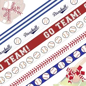 Hying 6Rolls 18 Yards Baseball Grosgrain Ribbons, 3/8" Blue White Stripe Sport Team Ribbon