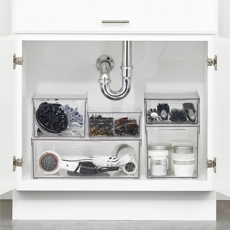 Bathroom closet organization with plastic drawer bins, tiered kitchen  shelves that a…
