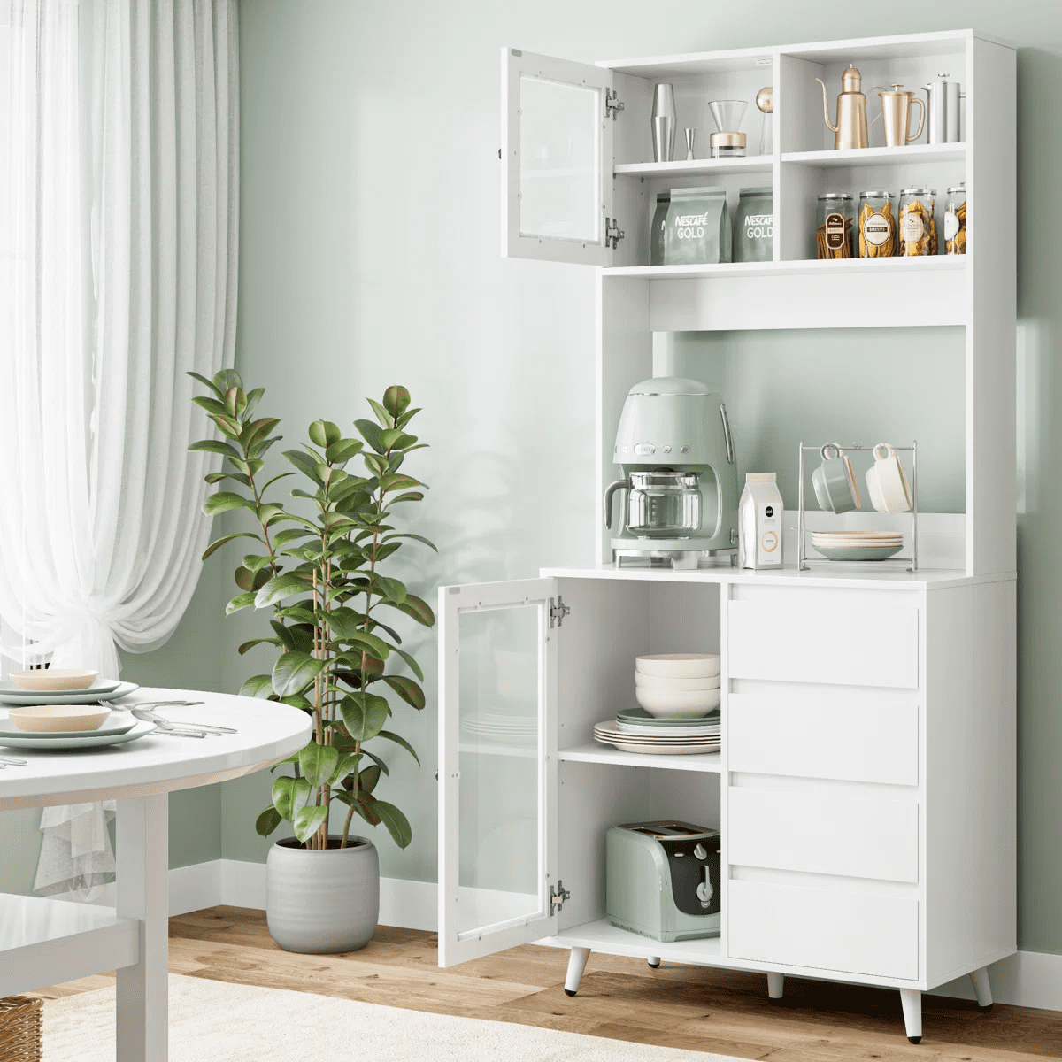 Homfa 70''H Pantry Storage Cabinet, Kitchen Hutch Cabinet with Tempered Glass Doors & 2 Adjustable Shelves, White