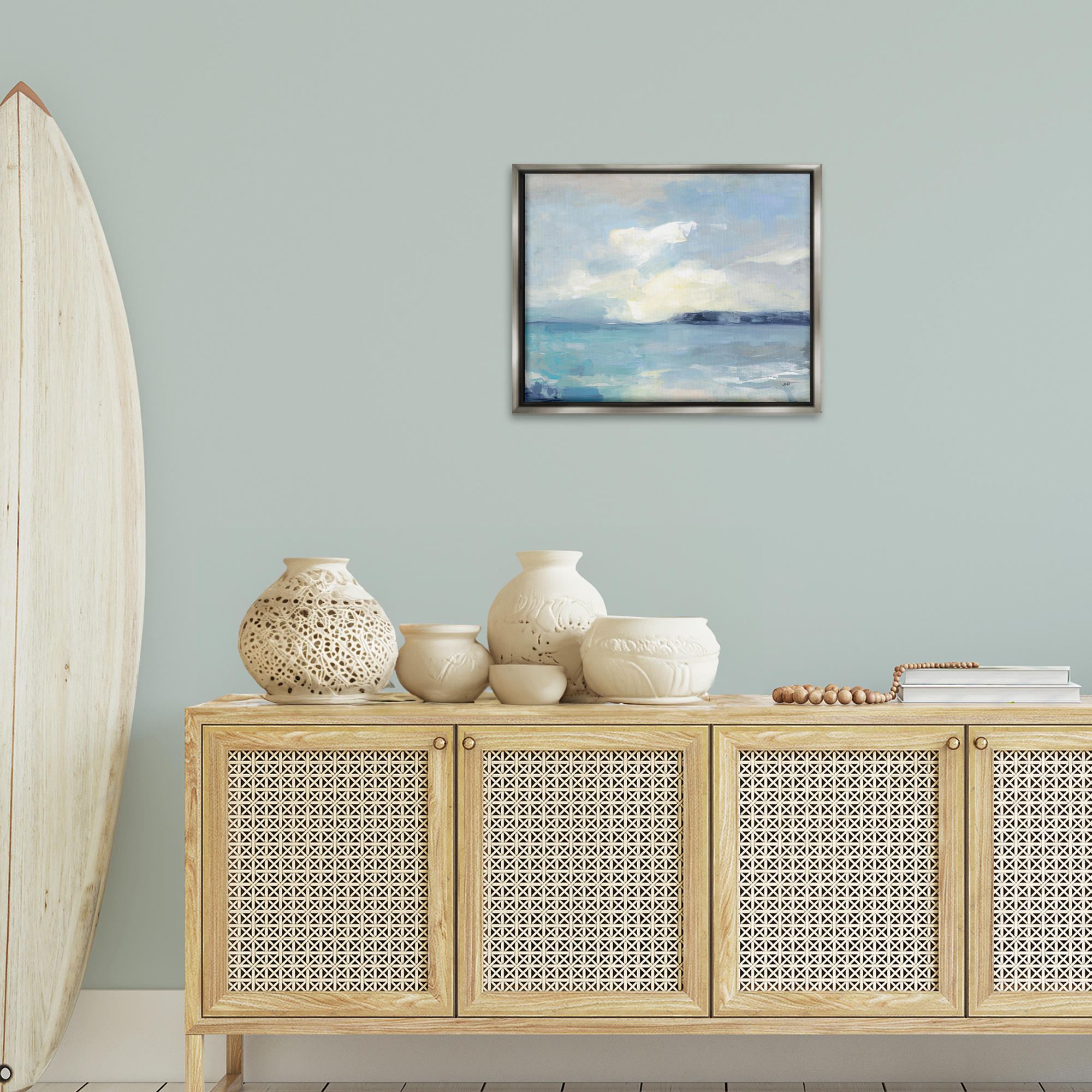 Stupell Industries Sunny Peninsula Seascape Landscape & Nature Painting Gray Floater Framed Canvas Art Print Wall Art, 21 x 17