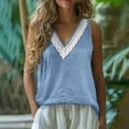 thumbnail image 2 of XUNKUSGA Cotton Linen Tank Tops for Women Retro Lace Splice V-Neck Tunic Tank Tops Summer Trendy Casual Loose Fit Sleeveless Blouses for Women,Blue,S, 2 of 10
