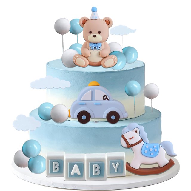 Decoración de pastel de oso azul, bolas de perlas blancas, decoración de tartas para fiestas de cumpleaños
