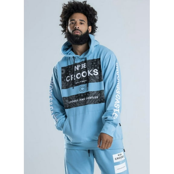 Crooks & Castles Men's Logo Graphic Pullover Fleece Hoodie Sweatshirt (Medium, Klepto Bandana - Carolina Blue)