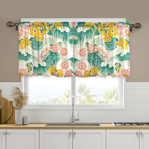 Yayeee Kitchen Curtains Tier Set of 2 Light Filtering 57"x24" Over Sink Window Panels, Floral Wave