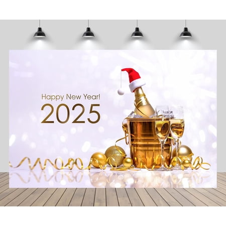 2025 Happy New Year Backdrop Gold and Blue Bokeh Sparkle Sequin Background for Family Christmas New Year Festival Celebration Wedding YouTube Photo Props