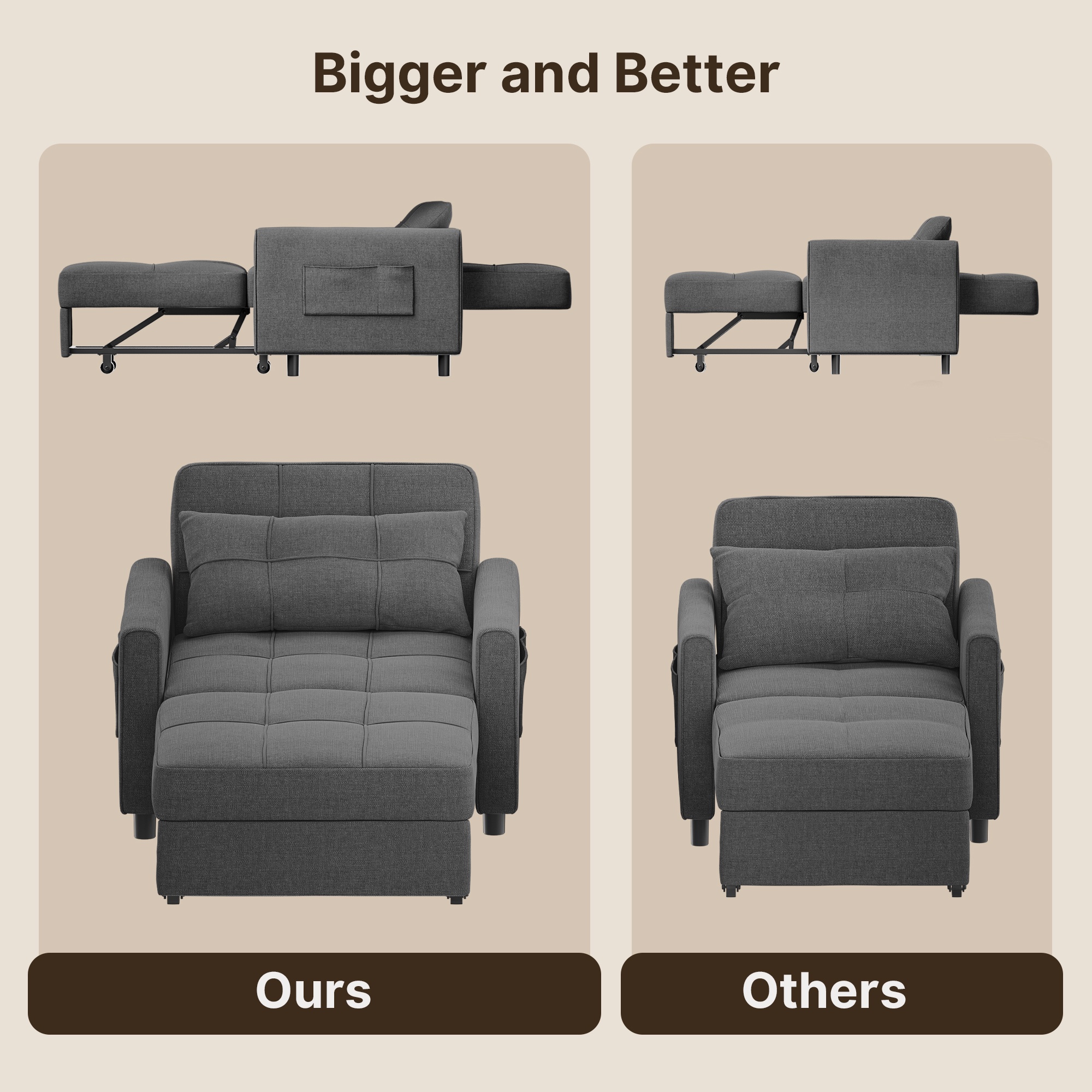 Sofa Bed Chair Convertible, Sleeper Chair with Pull-Out Bed, 3-in-1 Futon Couch with Reclining Backrest and Side Pocket, Dark Grey