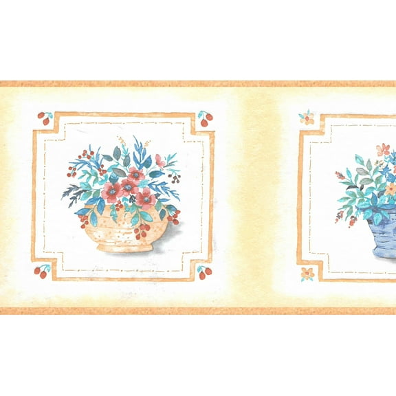 Dundee Deco Prepasted Wallpaper Border - Floral Brown, Blue, Pink, Orange Flowers in Pots, 15 ft x 5 in