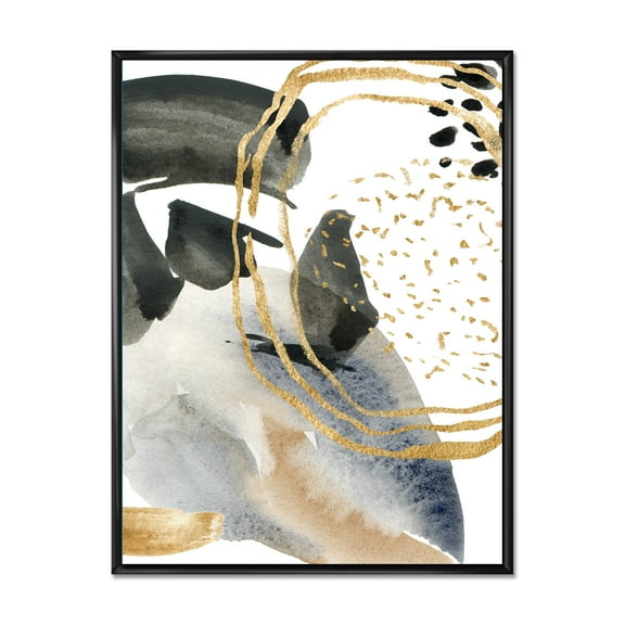 Designart 'Pastel Abstract With Black Blue Beige and Gold Spots' Modern Framed Canvas Wall Art Print