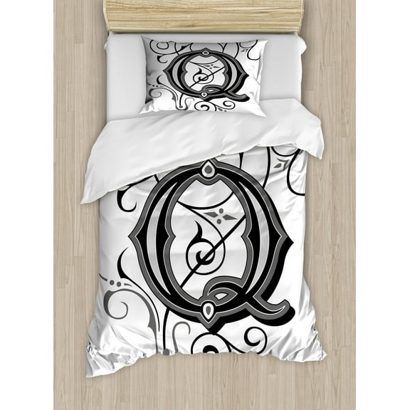 Letter Q Twin Size Duvet Cover Set, Flowers Flourishing Gothic Q Words Writing Artistic Style Aged Typography, Decorative 2 Piece Bedding Set with 1 Pillow Sham, Black Grey White, by Ambesonne