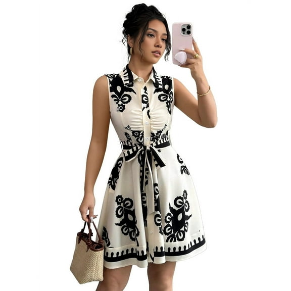Women'S 2025 Summer Boho Floral Print Sleeveless Belt Flowy Button Down Midi Sun Dress Black L