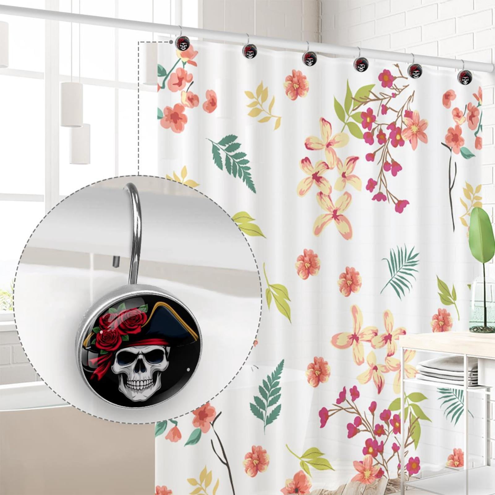 12pcs Decorative Shower Curtain Hooks, Rust Resistant Shower Rings for Bathroom Living Room,Rustproof Stainless Steel Rings for Shower Curtain and Liner Rods,Red Rose Skull