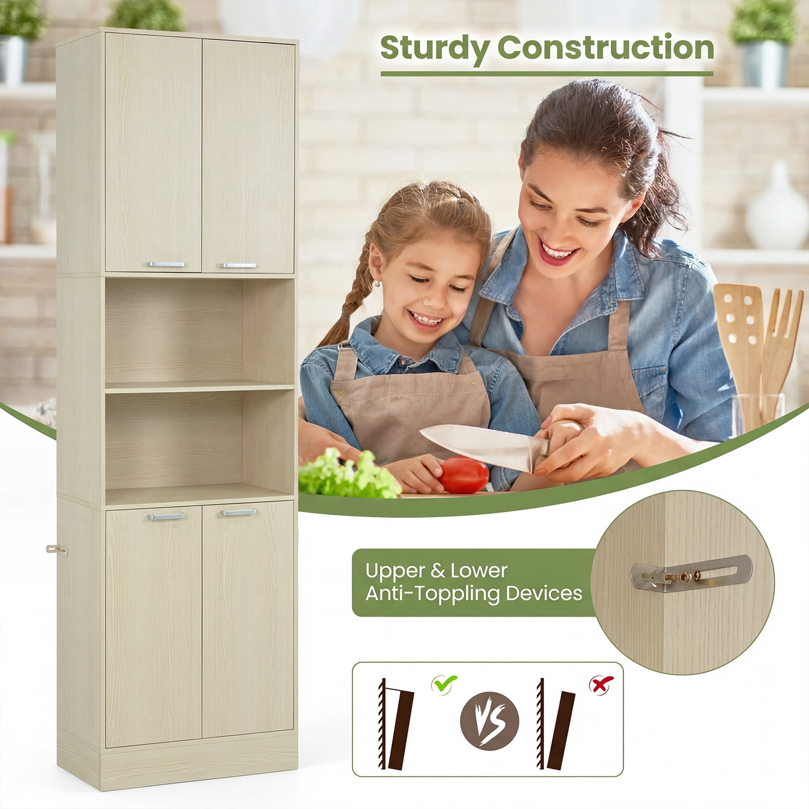 Costway Kitchen Pantry Cabinet, 75” Tall Freestanding Cupboard with Doors & Shelves Light Oak
