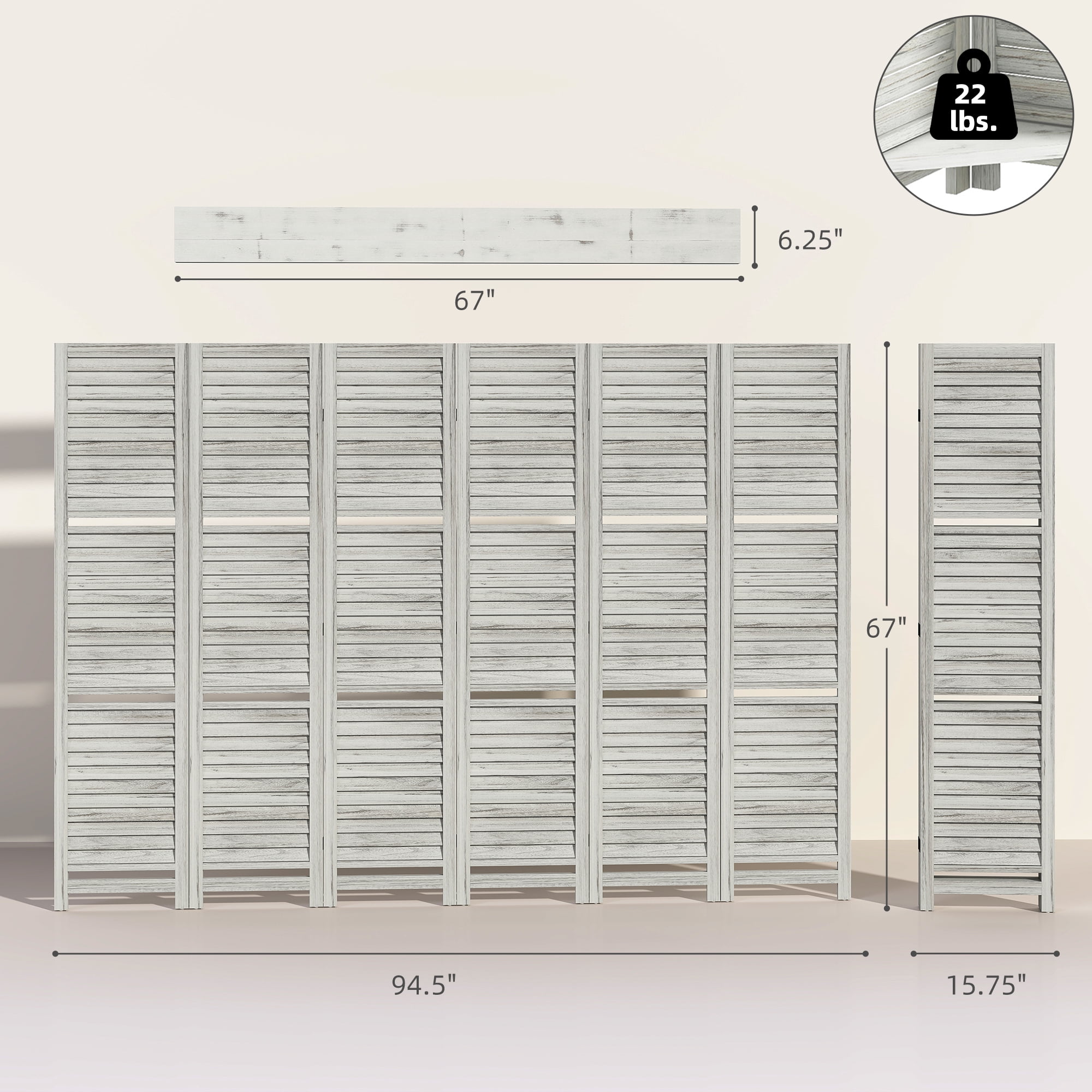 HOMCOM 6 Panel 67" Tall Wood Privacy Screen Room Divider with 3 Display Shelves, and Folding Storage for Bedroom or Home Office, Distressed White