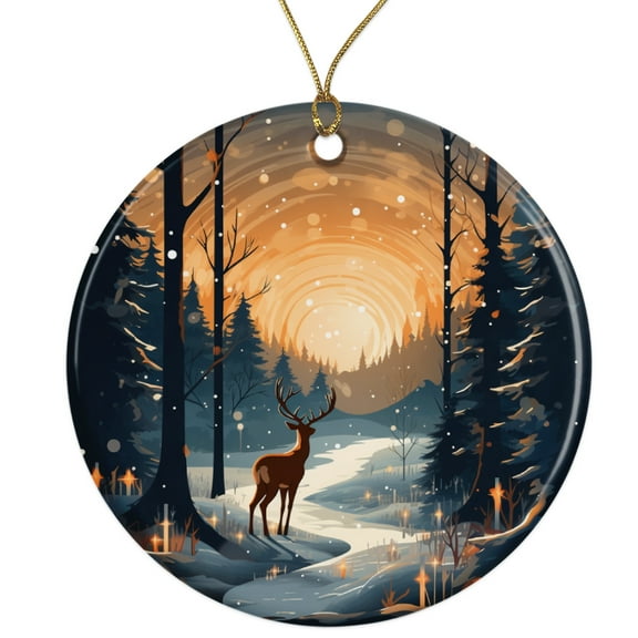 Geometric Winter Deer Wilderness Scene Ceramic Ornament - Beautiful Elegant Teal Orange Color Scheme - 3 Inch Christmas Tree Round Ornament - Xmas Holiday Decor - String Included - ORN0027