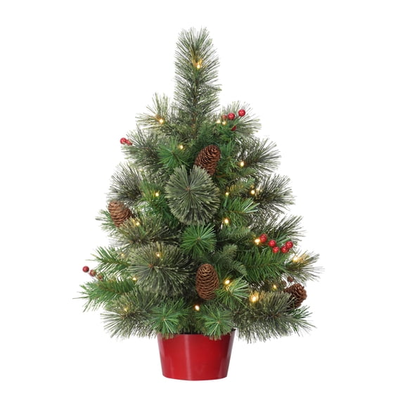 CC Christmas Decor Pre-lit Red Potted Full Artificial Christmas Tree - 2’ - Warm White Lights