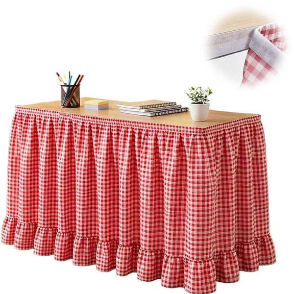 Checkered Table Skirt,72*30in Polyester Fabric Cover with Self-Adhesive Hook-and-Loop for Kitchen, Classroom, Party Buffet, Dustproof Desk Organizer