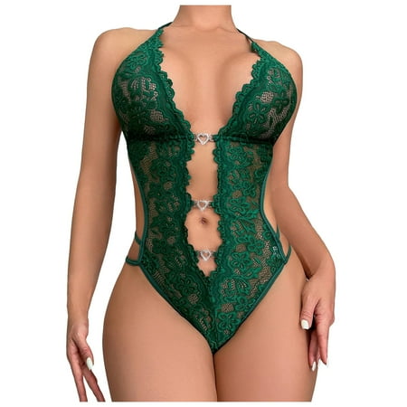 BYHONG Sexy Floral Lace Lingerie Teddy Bodysuit Womens Underwear Green S