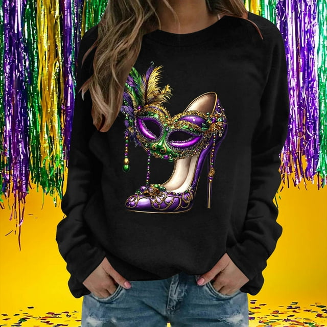 Xuyuer Women's Carnival Printed Long Sleeved Round Neck Mardi Gras Sweatshirt Carnival Outfits Women Carnival Sweatshirts Fat Tuesday Fashionable Pullover Tops
