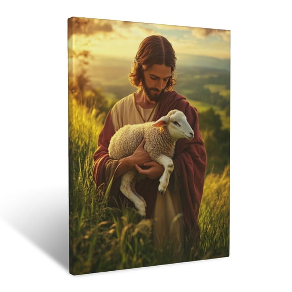 CozyNet Jesus Christ Holding A Lamb In A Lush Green Meadow At Sunrise Wall Art Prints With Frame Canvas Perfect for Living Room & Bedroom, Ready to Hang, Wall Decor 12"x16"