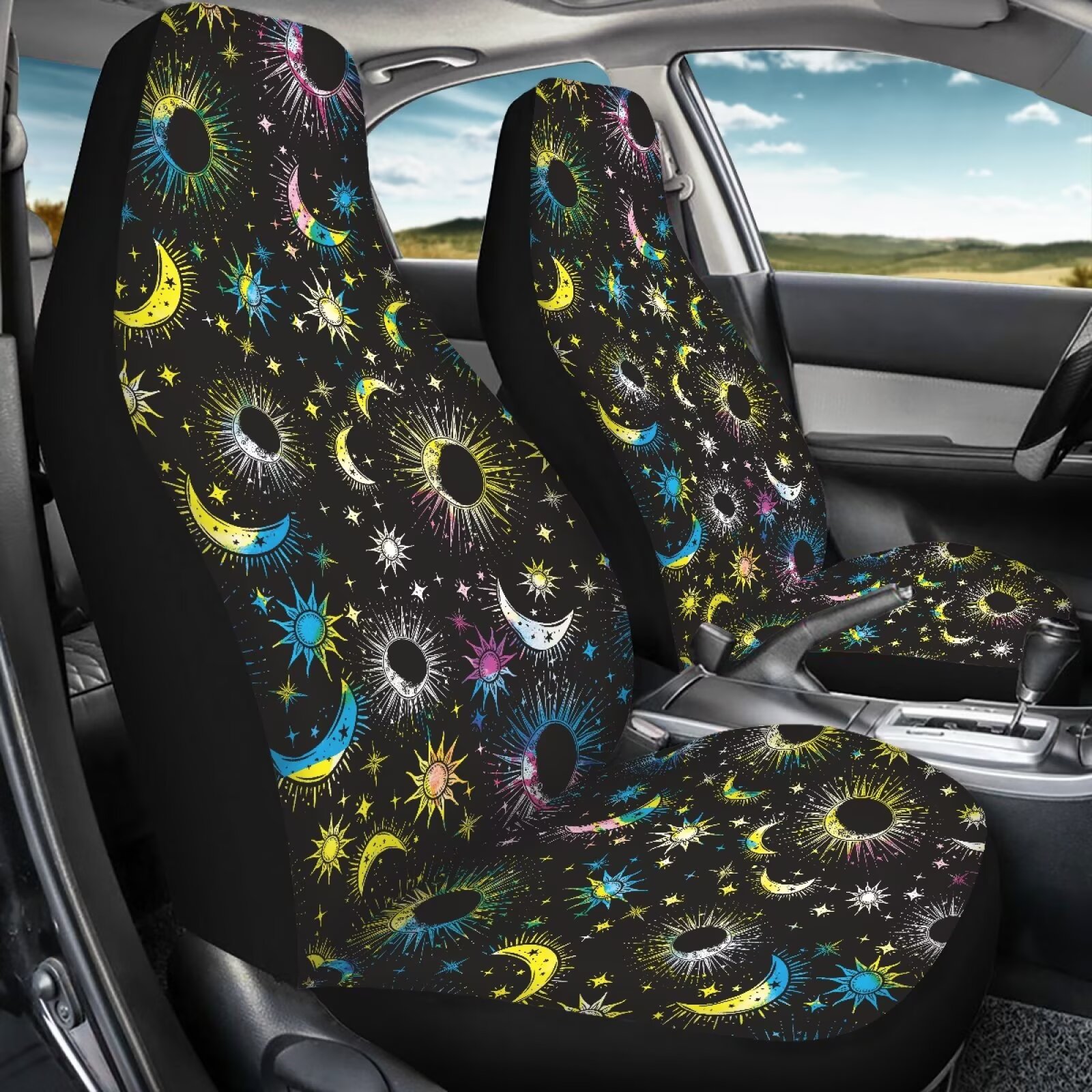 Yuyamidu Colorful Sun and Moon Car Seat Covers Front Seats Only, Waterproof Bucket Seat Cover Universal Fit for Car Truck Van and SUV Comfortable