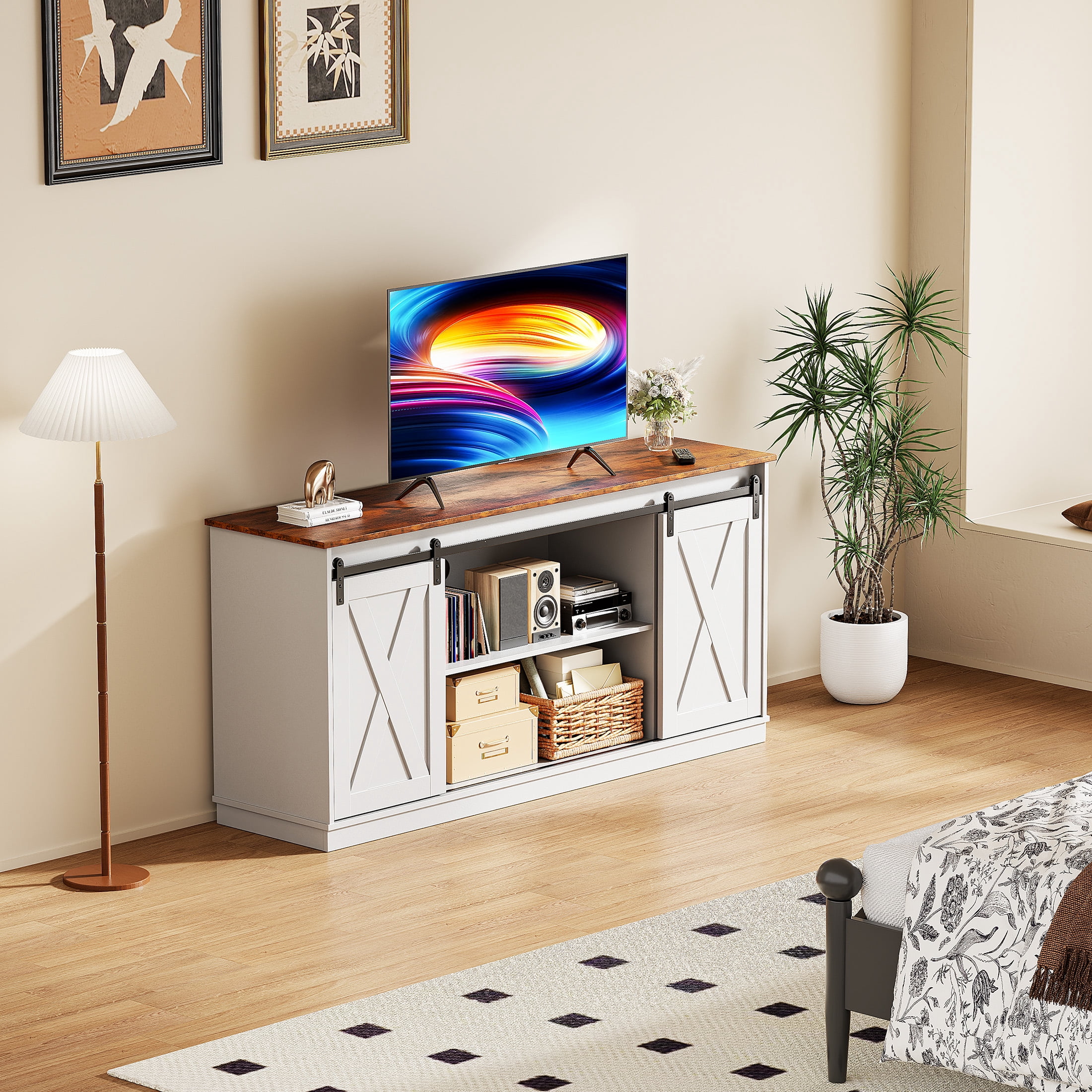 EDX TV Stand for 65" TV, Modern Entertainment Center for Living Room, TV Console Table with Storage Cabnets and Sliding Barn Doors, White