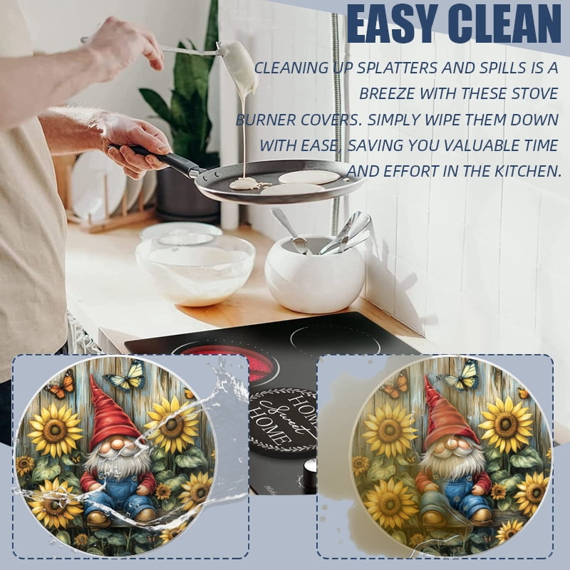 Christmas Round Stove Burner Covers Set of 4, Christmas Gnomes with Sunflowers Mental Durable Xmas Kitchen Decorative Gas Stove Burner Covers, 8 Inches and 10 Inches