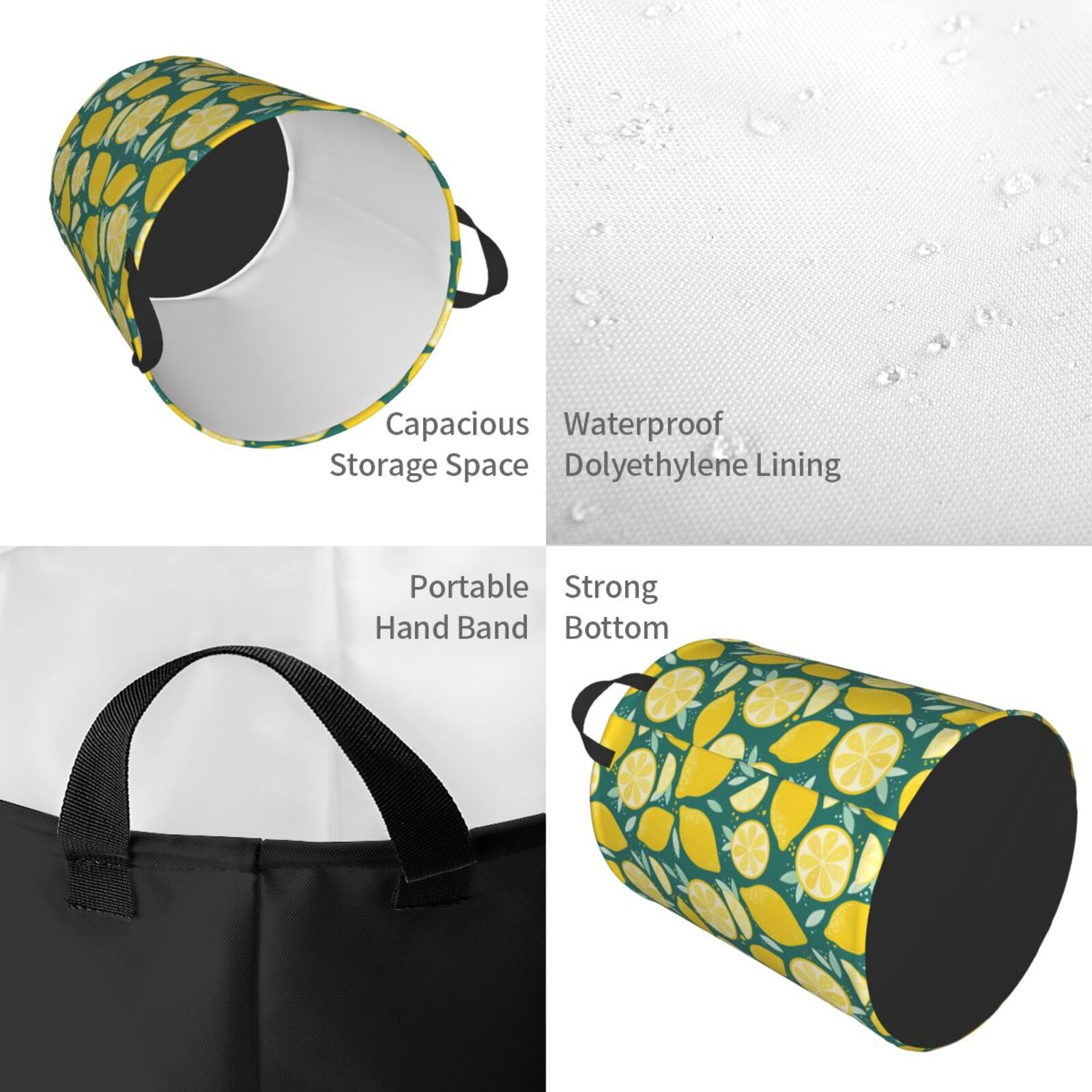 Large Laundry Basket with Handles - cartoon Lemon leaves print Kids Baby Dirty Clothes Laundry Hamper for Bedroom Aesthetic