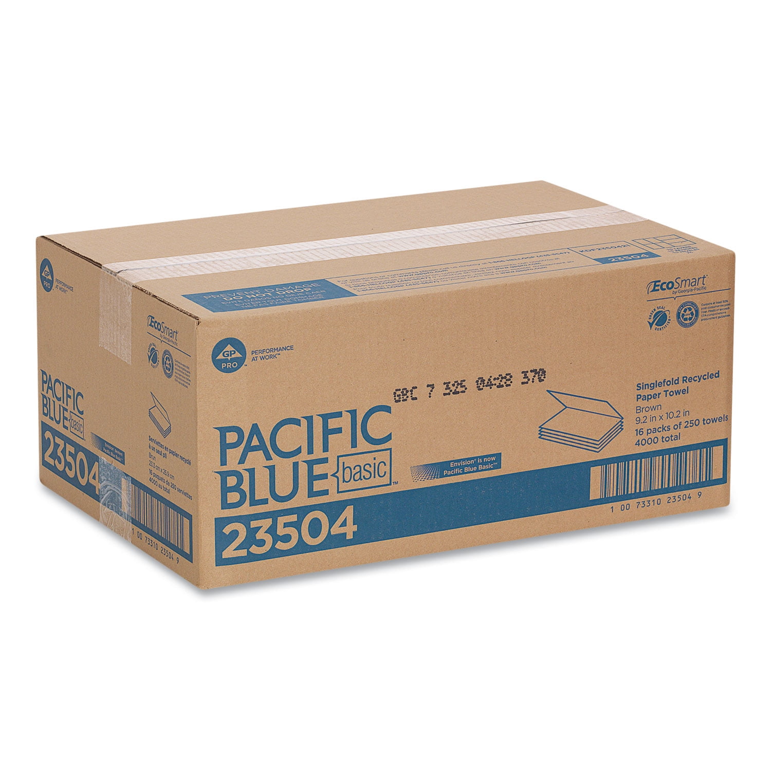 Georgia-Pacific Pacific Blue Basic S-Fold Paper Towels, 10 1/4x9 1/4, Brown, 250/Pack, 16 PK/CT (23504)