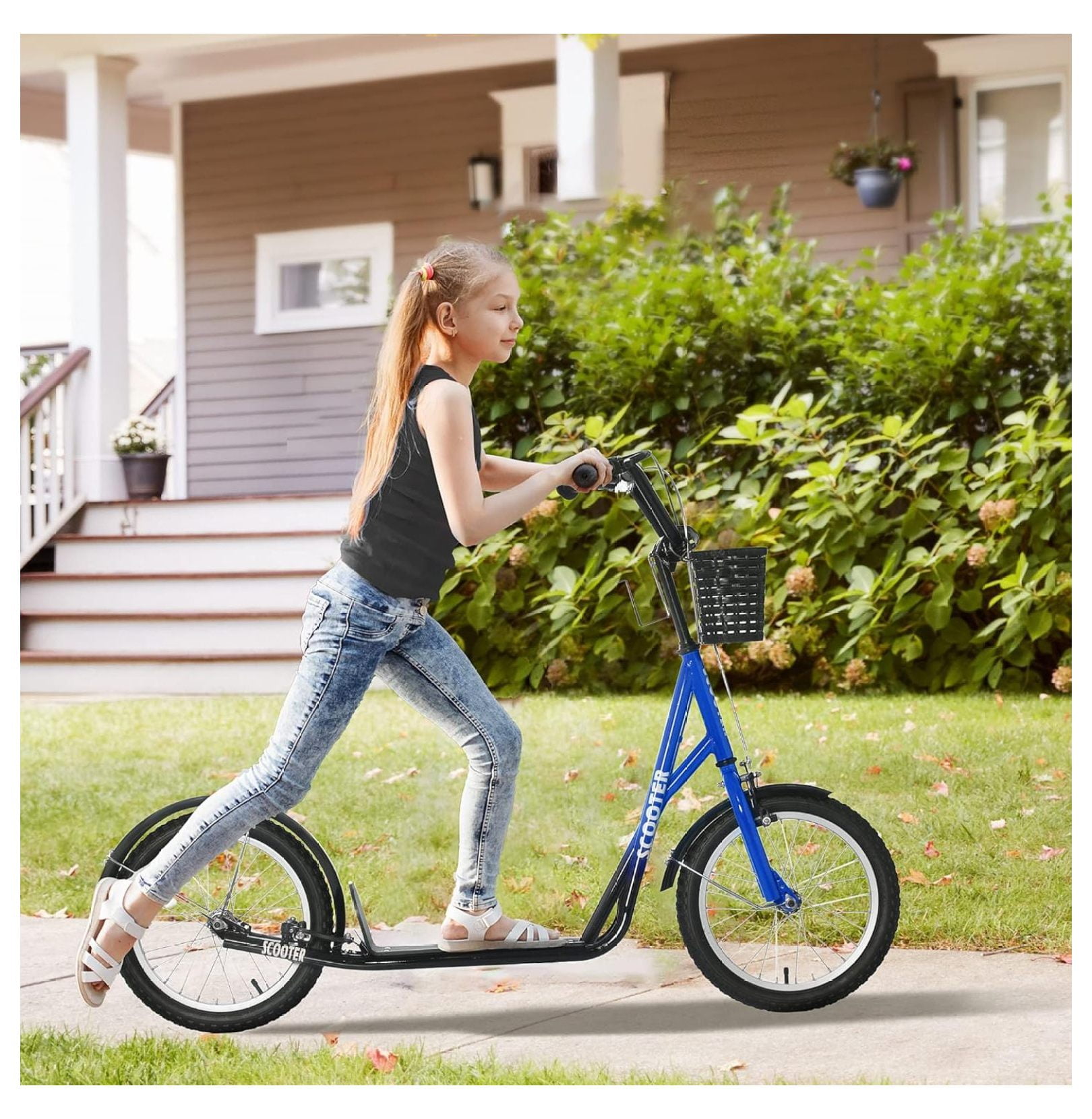 Youth Kick Scooter with Adjustable Handlebars, Double Brakes and Inflatable Rubber Tires, 16 Inch