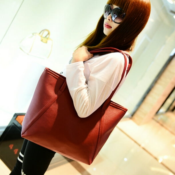 Porfeet Women Faux Leather Handbag Solid Color Bag Zipper Big Fashion Shoulder Bag,Wine Red - Walmart.com