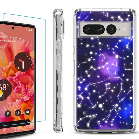 Shockproof Bumper Phone Case for Google Pixel 7 Pro, with Tempered Glass Screen Protector, by OneToughShield ® - Constellations
