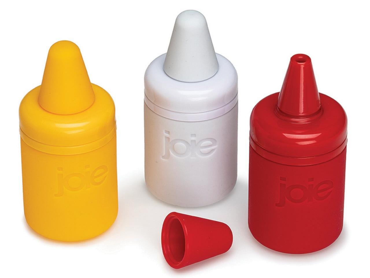 Joie Mini Condiment Containers, 3pc Set for Ketchup, Mustard, and Mayo, Refillable Red, White, and Yellow Bottles