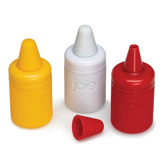 Joie Mini Condiment Containers, 3pc set. Refillable Red, White, and Yellow Bottles