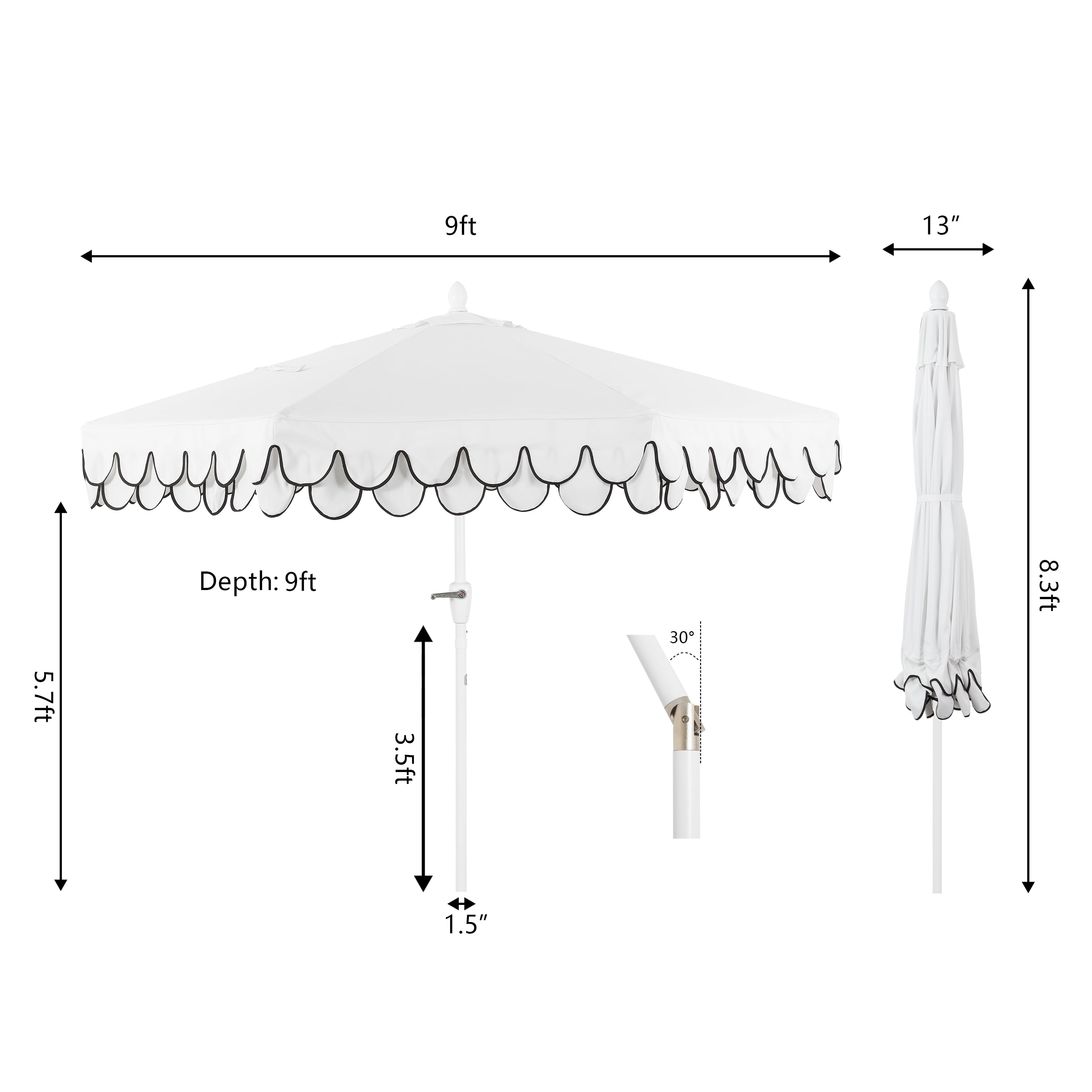 JONATHAN Y Tracy 9 ft. Market Patio Umbrella, Classic Mid-Century Scalloped Fringe, with Auto-Tilt Crank, Wind Vent and UV Protection, White/Black, White Pole