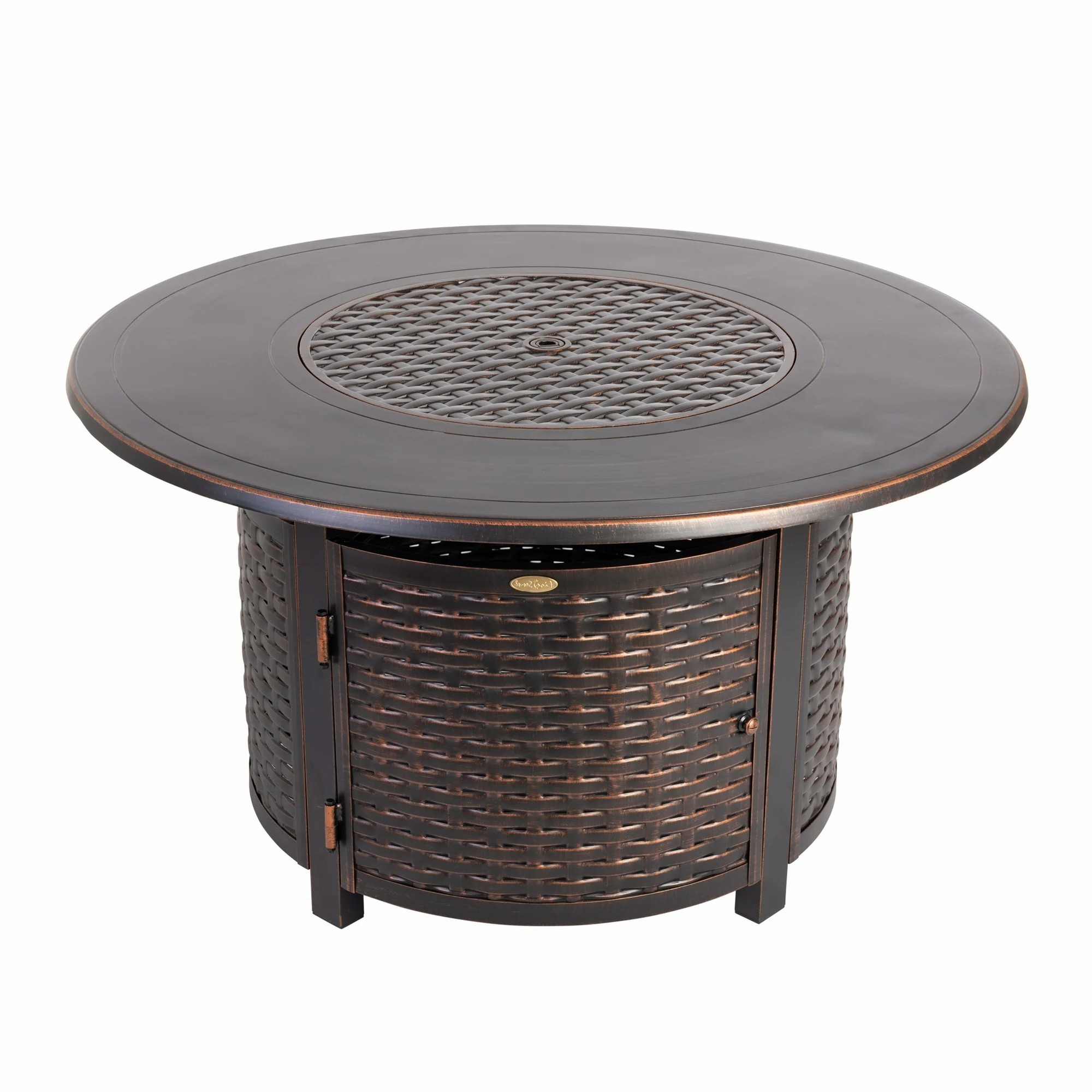 Vulcan Florence Woven Aluminum Gas Fire Pit Table – Round 44" with Fire Bowl Lid, Antique Bronze