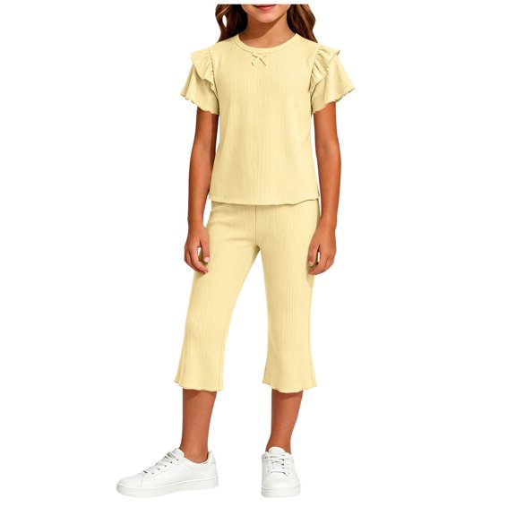 XYAIYT Outfit Sets for Girls 2-11 T Ruffle Short Sleeve Tops and Straight Leg Capri Pants Casual 2 Piece Sets