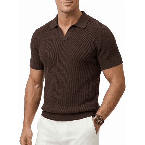 Men's Johnny Collar Knit Polo Shirt Short Sleeve Casual Buttonless Top