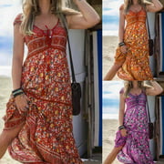 Black Friday Deals Fayshow0 Womens Dresses for Summer Fashion Bohemian Casual Lace-up Long Printed Dress
