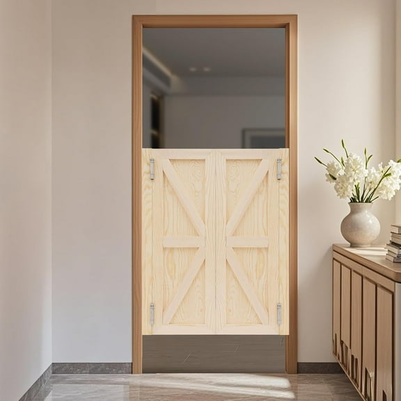 Swinging Door, Interior Pine Wood Cafe Doors, Auto Close Partition Door with 4 Hinges, for Hallway Porch Kitchen Bar Stairs Entrance, 27.55 * 35.43 in, Log Color