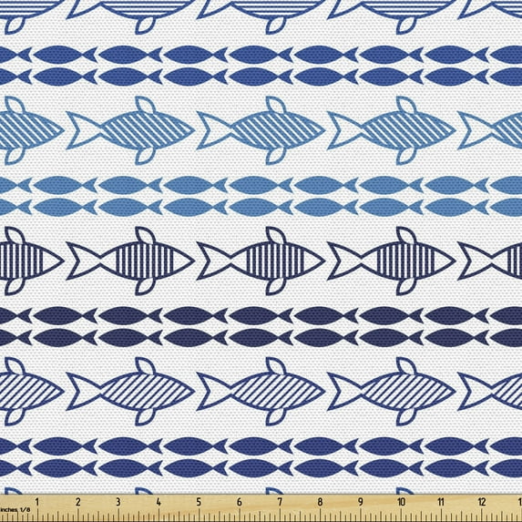 Marine Fabric by the Yard, Aquatic Tones Fishes Swimming in the Sea Style Underwater Cartoon, Decorative Upholstery Fabric for Chairs & Home Accents, Indigo Sea Blue White by Ambesonne