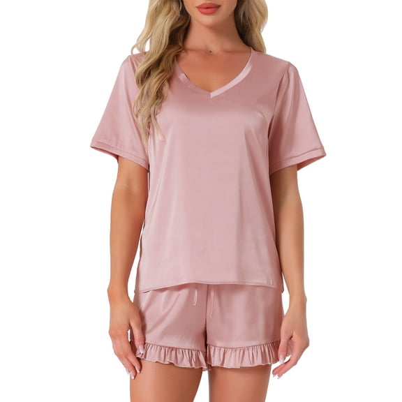 INSPIRE CHIC Women's Satin Pajama Set Short Sleeve Shirts with Ruffle Shorts Loungewear XS Pink