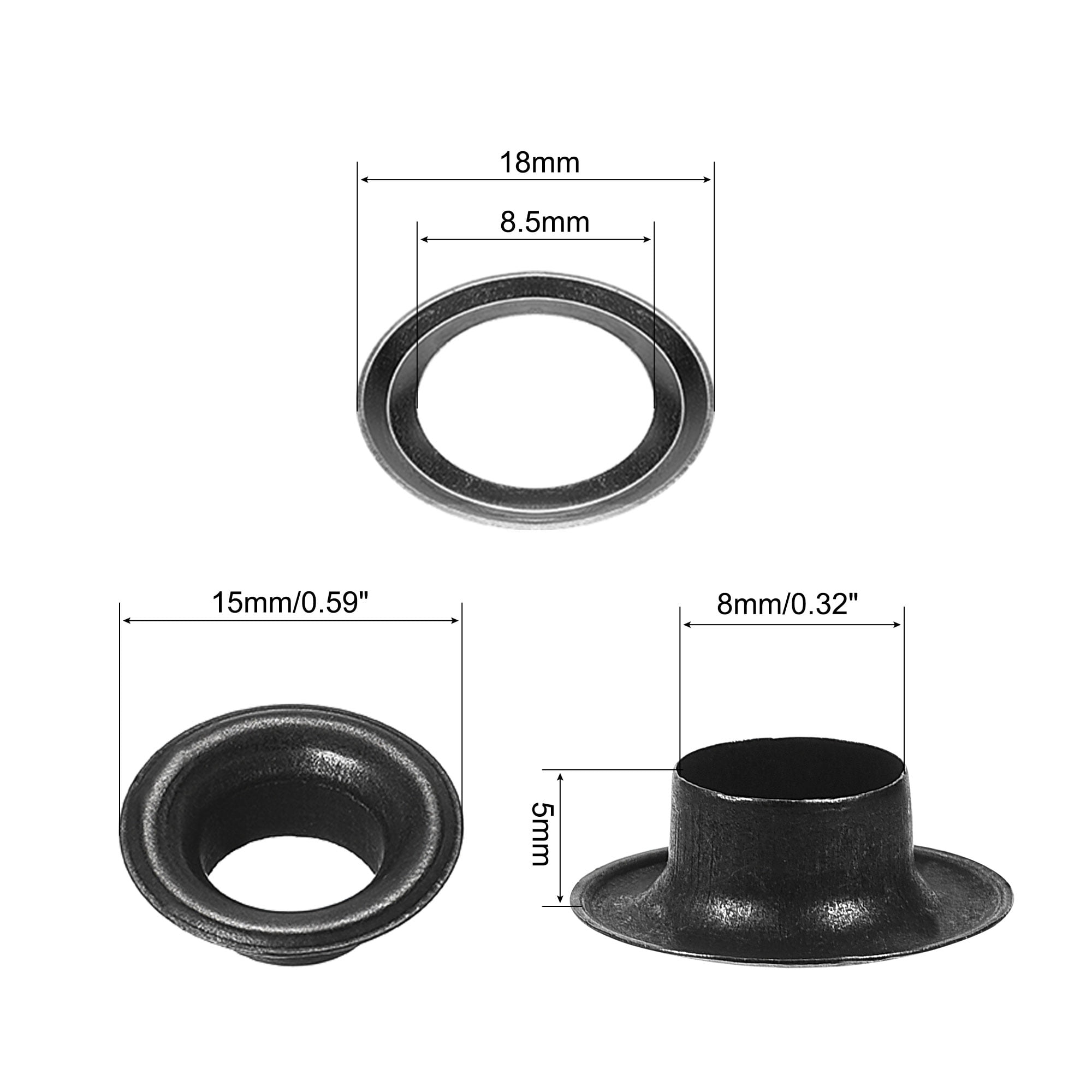 Grommet Tool Kit 100 Sets 5/16" Copper Grommets Eyelets with 3pcs Install Tools, 8mm Inside Dia. Black