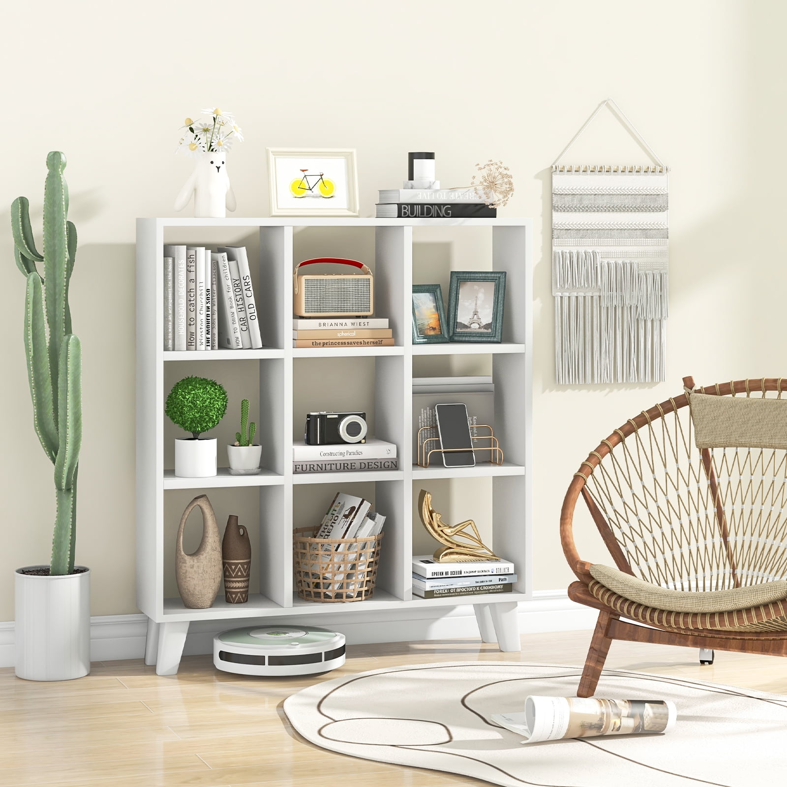 Topbuy 9-Cube Open Bookcase 3-Tier Floor Standing Bookshelf with 4 Slanted Legs 6 Removable Shelves White