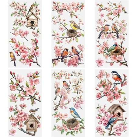 Rub on Transfers for Crafts 6 Sheets 15cmx30cm/5.91 * 11.81in Cherry Blossom and Bird UV DTF Waterproof Furniture Transfer Stickers for DIY Crafts Wood Glass Fabric